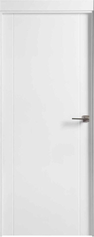 Puerta de madera oscura con diseño liso y un pomo plateado.