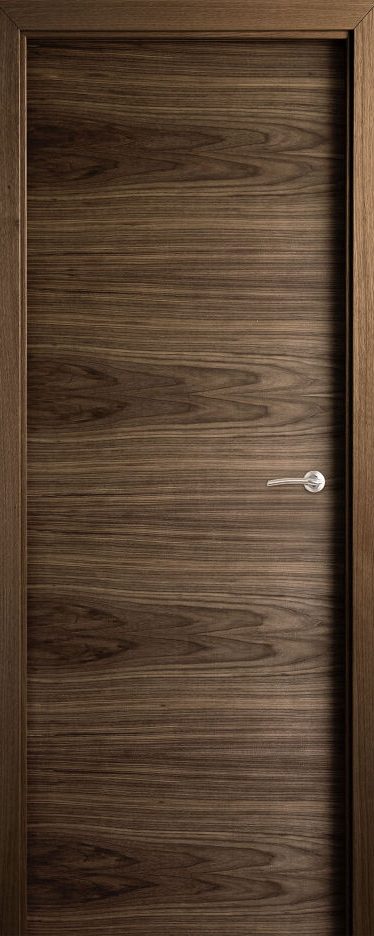 Puerta de madera oscura con diseño liso y un pomo plateado.