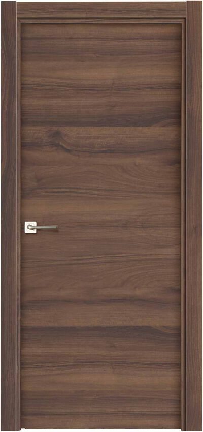 Puerta de madera marrón con un diseño liso y manija metálica.
