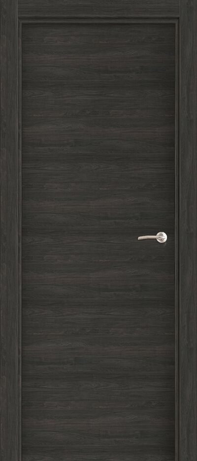 Puerta de madera oscura con diseño liso y un pomo plateado.